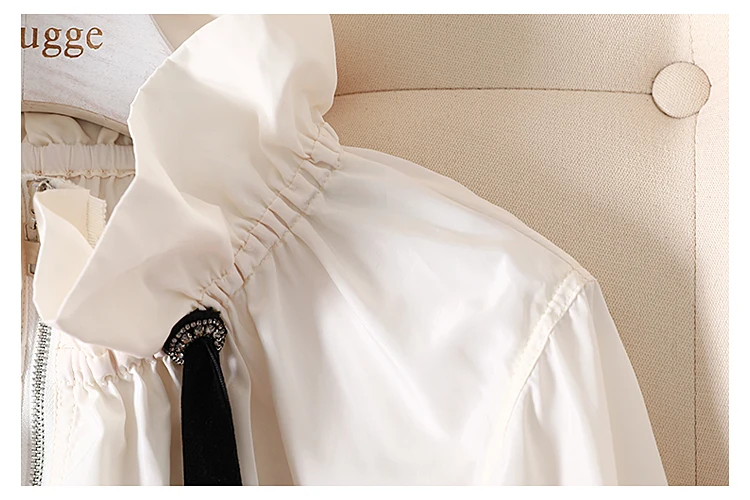 Women New Summer Autumn Zipper Jacket Flounce Rope Jacket Female Streetwear Stand Collar Long Lantern Sleeve Short Coat