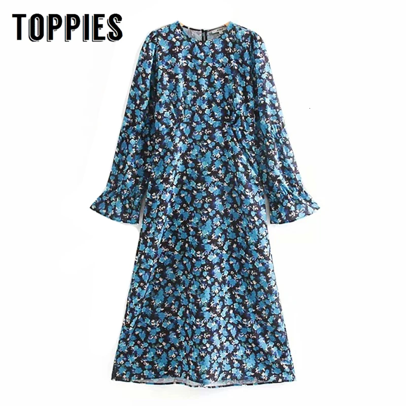 

Floral Printing Long Dress Women Flare Sleeve Fall Dress 2019 Autumn Long Sleeve Blouses vestido