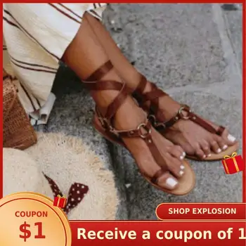 

2020 New Summer Open Toe Flat Roman Retro Sandals Women Cross Strap Beach Shoes Ankle Strap Gladiator Sandals Women big size 43