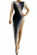 Autumn New Mesh deep-necked gem gem chain sleeveless dress ball dress
