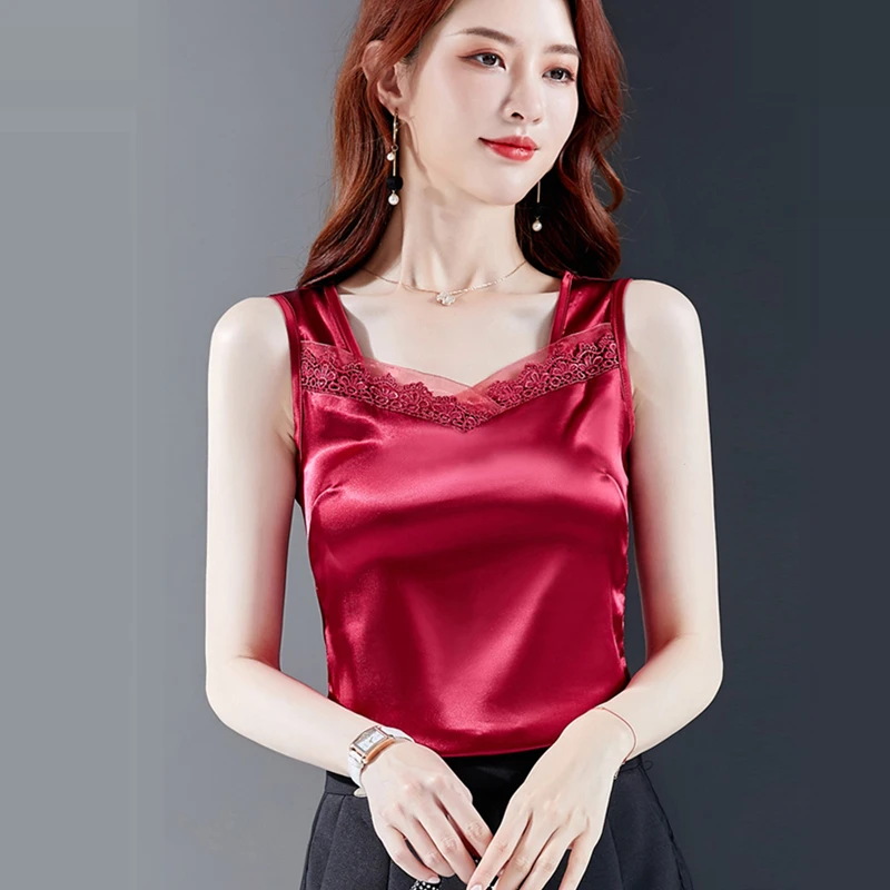 Summer Korean Fashion Silk Tank Top Good Quality Women Satin Office