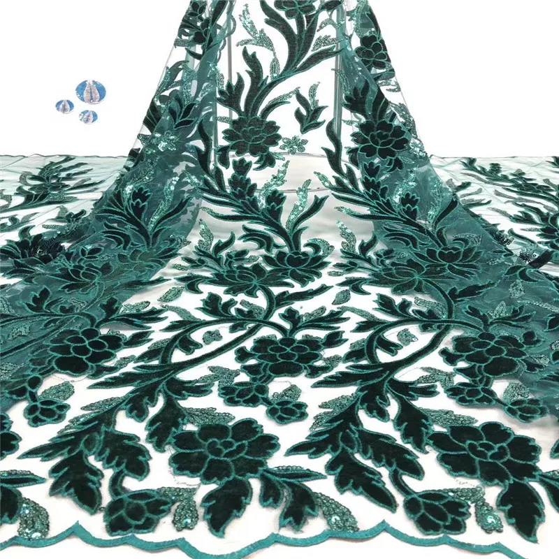 

Soft Nigerian Velvet Lace Fabric French Sequins Laces Fabric Beautiful African Lace Fabirc For Women Party Wedding Trim Green