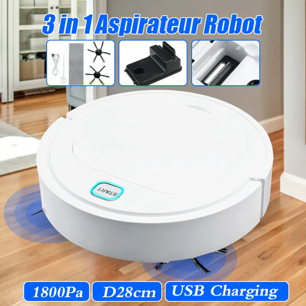 3 In 1 Smart Sweeping Robot Vacuum Cleaner 1200mAh USB Rechargebale