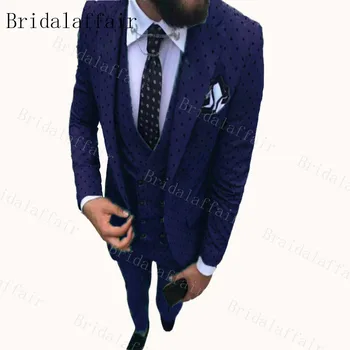 

Bridalaffair 2020 Men's Poika dot Suit 3-Pieces Navy Blue/Grey/Beige/White/Red Notch Lapel Tuxedos Groomsmen For Wedding/party