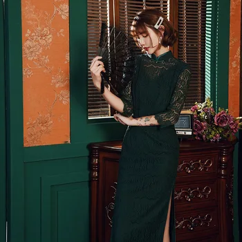 

Lace Half Sleeve Sexy Women Cheongsam High Split Green Novelty Mandarin Collar Evening Party Dress Vestidso Long Tight Qipao