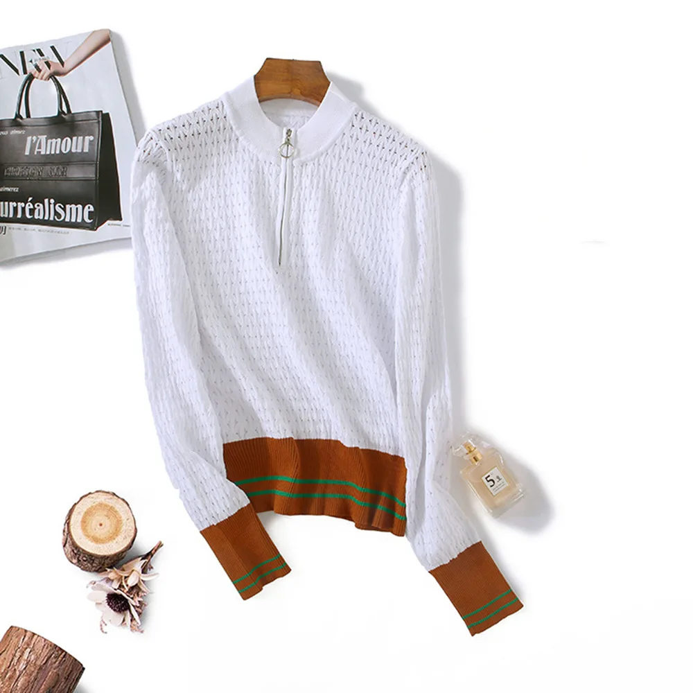 

Design Hollow Out Sweater Women Pullover Long Sleeve Autumn Jumper Knit Tops Zip Striped Sweater Runway
