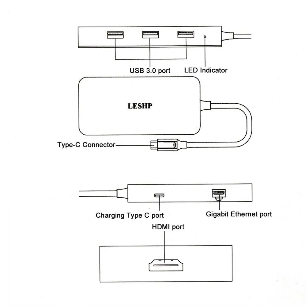 LESHP алюминиевый белый тип-c к USB-3.0 3 портовый концентратор RJ45 гигабитный HDMI 4 к PD зарядка цифровой AV конвертер адаптер