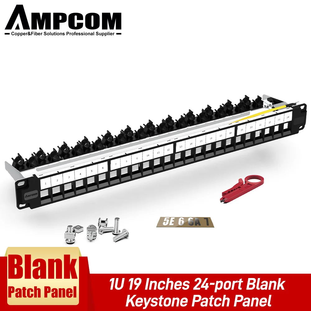 AMPCOM 24 Ports 1U Blank Keystone Patch Panel, 19 inch Rack or Wall Mount with Rear Cable Management Panel for Ethernet Cable 1