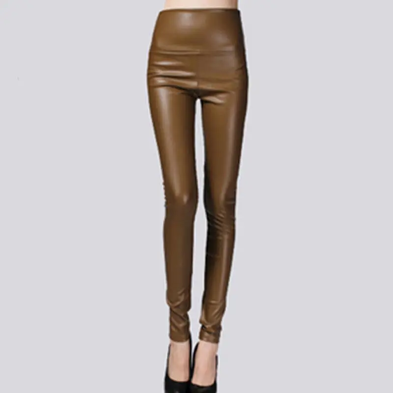 25 Colors Faux Leather Sexy PU Leather Soft Thin Winter Skinny Pants Female Autumn 1PC Velvet Women Stretch Elastic Comfortable - Цвет: Gold coffee color