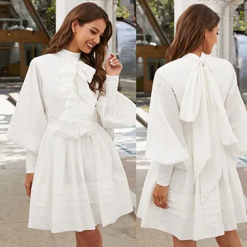 

Women Summer Puff Long Sleeve Dress Square Palace Styles White Dress Female Elegant Dress