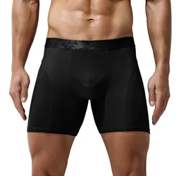 Men's Breathable Modal Boxer Briefs - Solid Mesh with Long Leg Pouch - 6XL (Black)