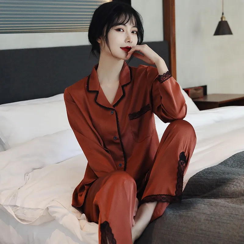 Lace Pj's 2PCS Sleepwear Women Satin Pajamas Suit Summer Pyjamas Casual Intimate Lingerie Long Sleeve Shirt&Pants Lounge Wear