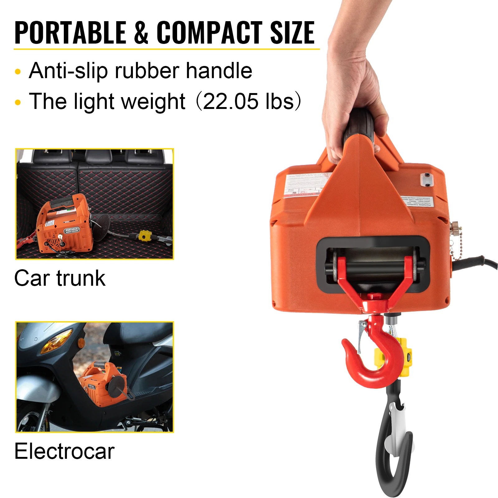 VEVOR 500kg/1100lbs Electric Hoist Winch Portable Crane 25ft Lifting Height  Wireless or Wire Remote Control for Transportation