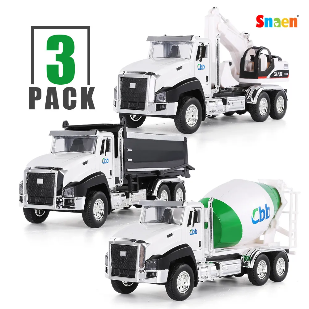

3 Pack of Diecast Engineering Construction Vehicles Dump Digger Mixer Truck 1/50 Scale Metal Model Cars Pull Back Car Toys