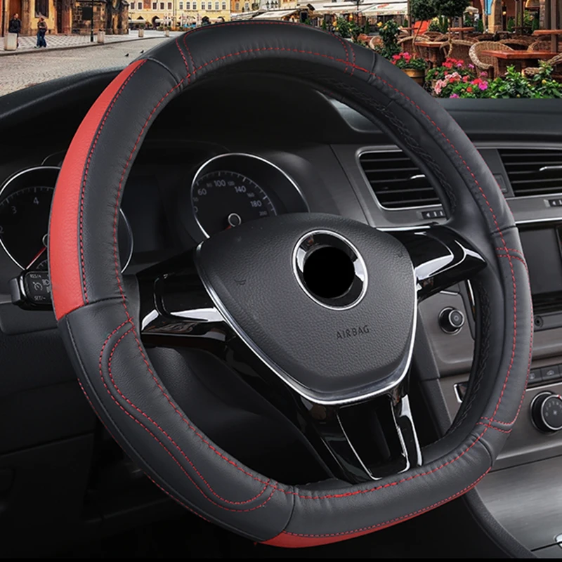 

D shape Genuine Leather Steering Wheel Cover Natural Cowhide Durable Non-slip for Suzuki Swift Nissan Renault VW Golf Polo