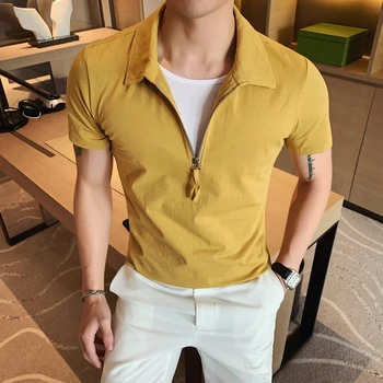 

Casual Polo Shirt Slim Fit Zipper Solid Polo Homme 3XL Summer Fake Tow Piece Polo Short Sleeve Yellow Polo Shirt Men Breathable