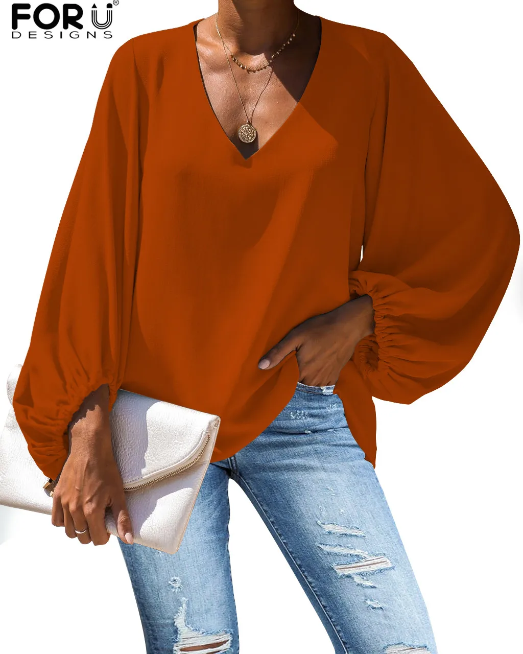 FORUDESIGNS Solid Color Full Sleeve Chiffon Shirt Summer Autumn Full Sleeve Blouse Breathable Clothes Black/Red/Gray V Neck Tops 15