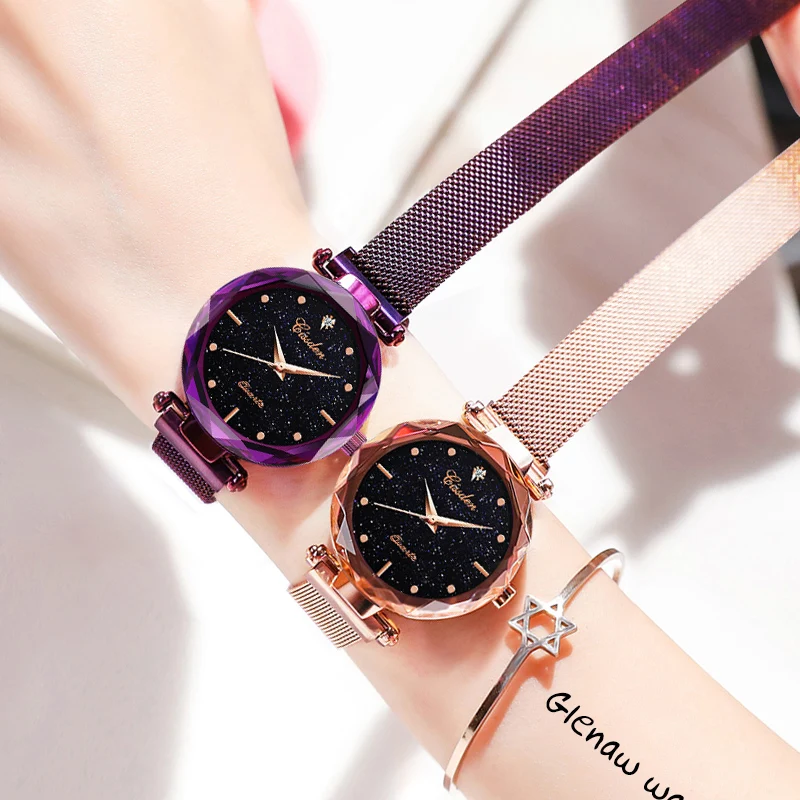 GLENAW Кристалл женские часы Звездное небо Магнитный сетчатый ремень женские часы с ремешком роскошные женские кварцевые наручные часы Relogio Feminino