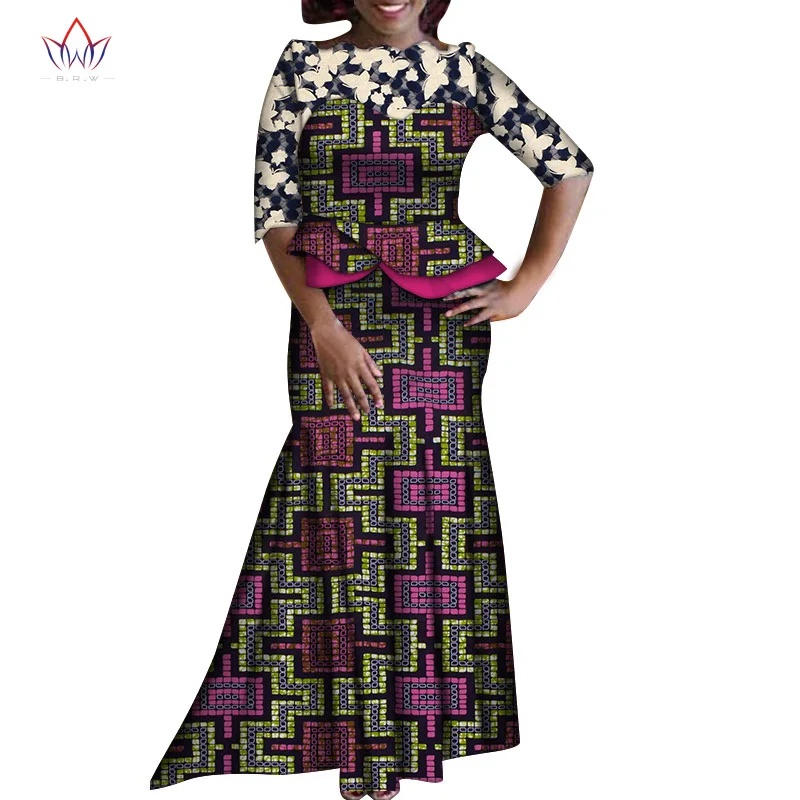 Новая Дашики африканская одежда для женщин Базен Анкара платья костюмы Половина рукава Африканский принт женские платья 3xl 4xl WY6049