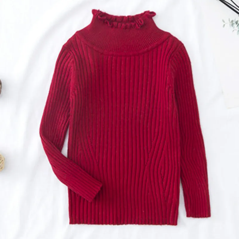 Red Toddler Girl Fitted Rib Knit Ruffled Collar Sweater Children Kids Girl Ribbed Sweater Winter Girls Tops - Color: Red