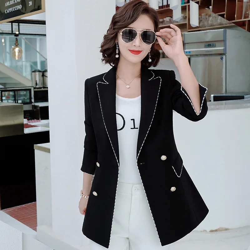 

2019 Autumn New Style WOMEN'S Dress Korean-style Fashion Mid-length Loose-Fit Split Cuff Open Wire Contrast Color Suit Jacket