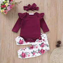 Humor Bear/ Осенняя Одежда для маленьких девочек; комплекты из хлопчатобумажной ткани, состоящие из футболки с длинными рукавами, футболка+ шорты с цветочным принтом+ повязка на голову, 3 шт. Комбинезоны Детский костюм для малышей
