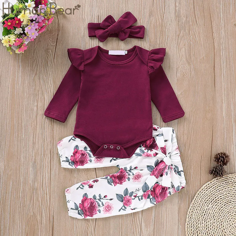 

Humor Bear 2019 Autumn Baby Girls Clothes Sets Cotton Long sleeve T-shirt+Flower Pants+Headband 3Pcs Jumpsuit Toddler Kids Suit