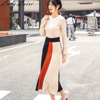 

2019 Winter Knitted Womans Suits Flare sleeve Sweater+A-line striped Skirts Sets for Woman Casual Ladies Two-pieces Suit