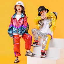 Kid Fashion Hip Hop Clothing Bright Zip Up Windbreaker Jacket Top Coat Streetwear Pants for Girls Boy Jazz Dance Costume Clothes