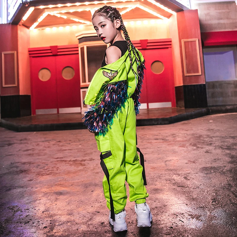 New Children Jazz Dance Costumes Girls Hip Hop Clothing Loose Fluorescent Tide Suit Street Dance Stage Show Outfits DQS288