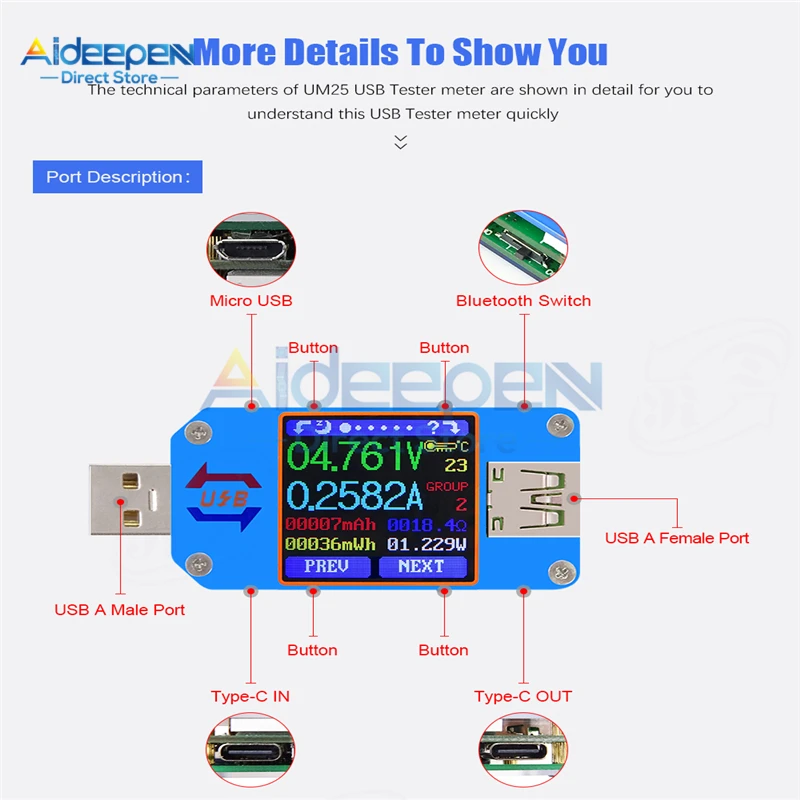 UM24/UM24C UM25/UM25C UM34/UM34C тип-c USB Вольтметр Амперметр Измеритель сопротивления зарядки Напряжение тестер тока ЖК-дисплей цветной дисплей