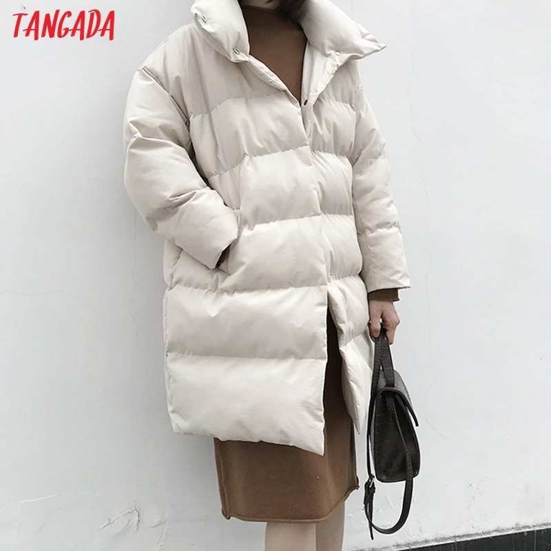 Tangada Women Solid Oversize Long Parkas Thick 2019 Long Sleeve Buttons Pockets Female Warm Winter Coat Korean Fashion ATC02