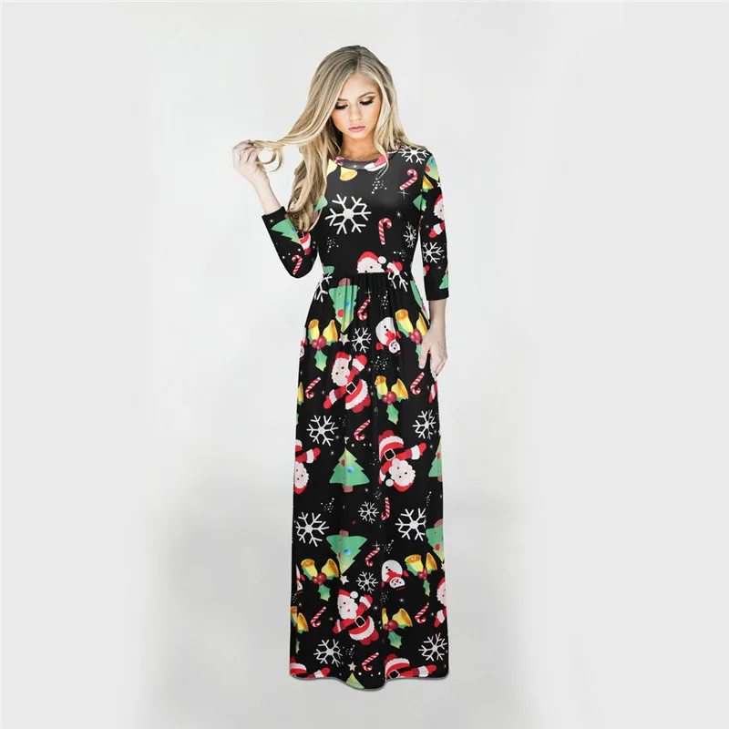 Christmas Women Dress Robe Autumn Winter Casual Print Long Sleeve Pocket Party Plus Size Femme Elegant Vestidos | Женская одежда
