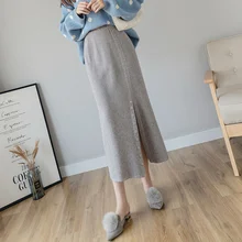 Элегантная Офисная Женская официальная юбка на пуговицах с высокой талией в полоску, женские юбки-карандаш с высоким разрезом, осенне-зимние вязаные юбки-карандаш с разрезом