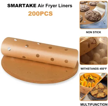 

200 Pcs Air Fryer Liners, 6 Inches Round Non-Stick Steamer Mat, Premium Parchment Paper for Baking Air Fryer, Bamboo Steamer