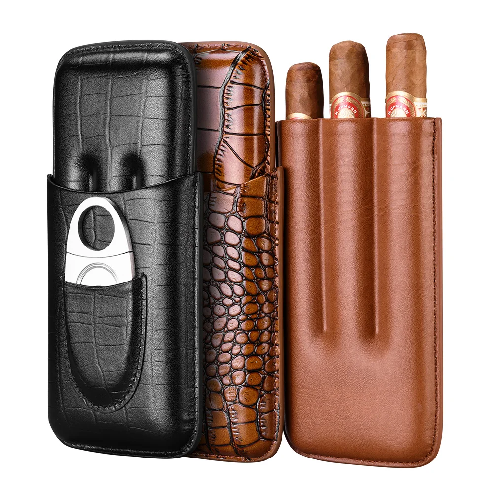 3 Stick Leather Cigar Case with Cutter Up to 54RG x 8 1/2" Capacity Brown 
