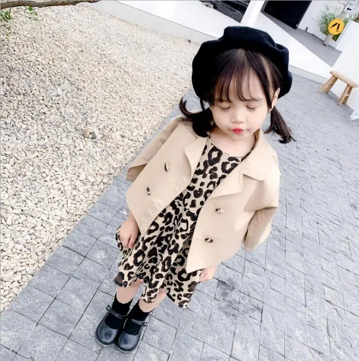 new style girls 2 pcs set leopard dress+coat fashion cotton autumn girls suit 1-6t