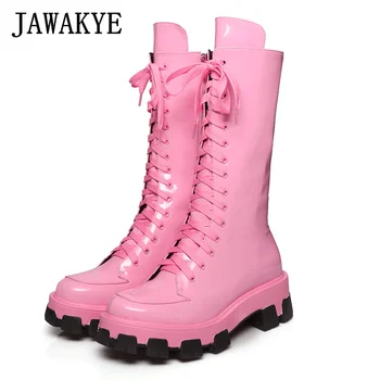 

JAWAKYE Moonlight patent Leather lace up Long Boots for Women black red pink Platform Thick sole Rubber Motorcycle knight boots
