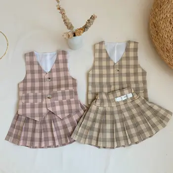 

2020 Korea Style Baby Girls 2 Pcs Plaid Set Vest+Skirt Spring Kids Girls Suits 1-6t