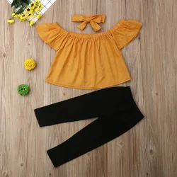 Verão criança menina 3 peças outfits fora do ombro manga curta topos + calças compridas leggings + conjuntos de bandana