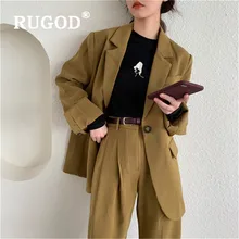 RUGOD новые женские свободные брюки костюмы Корейский темперамент шикарный ленивый уютный офис леди носить Зубчатый воротник пальто и длинные брюки