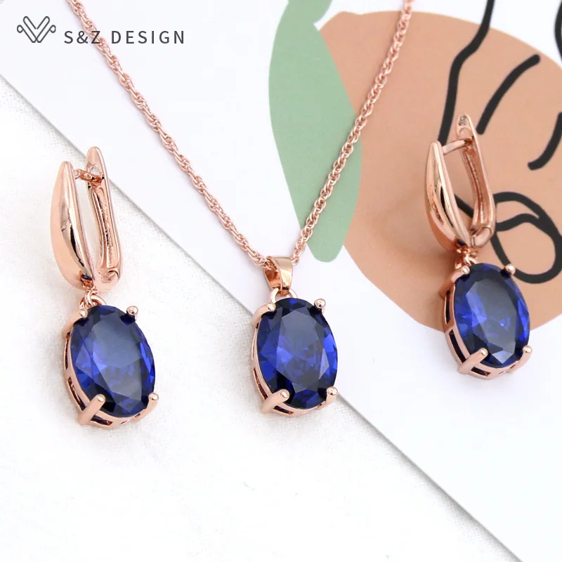 S&Z DESIGN Fashion Oval Cubic Zirconia Dangle Earrings Pendant Necklace Jewelry Sets For Women Girl Wedding Party Gift