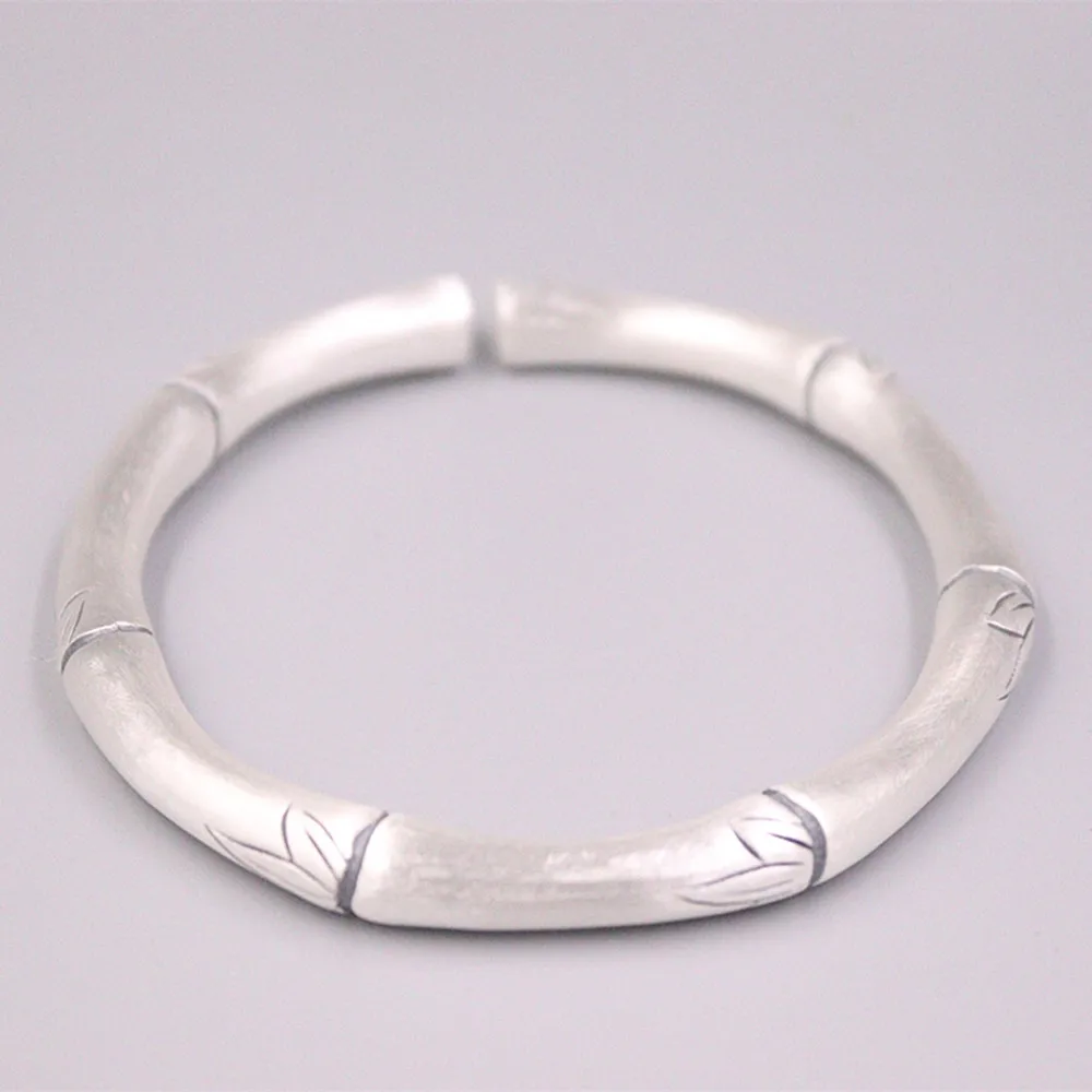 

Fine Pure S999 Sterling Silver Bangle Women 7mm Bamboo Figure Link Bracelet 55-60mm 65-67g