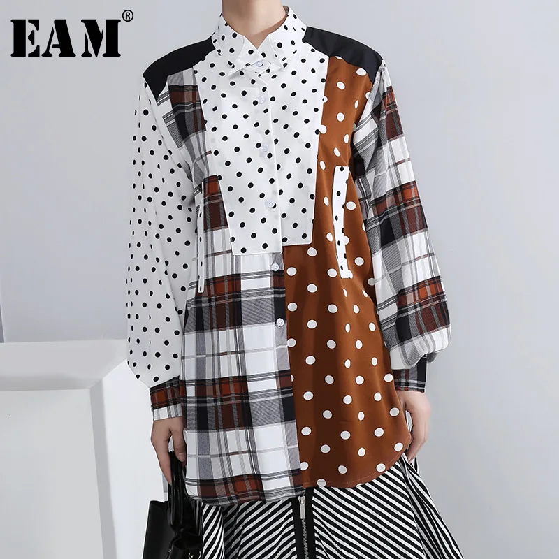 

[EAM] Women Dot Split Joint Plaid Asymmetrical Blouse New Lapel Long Sleeve Loose Fit Shirt Fashion Tide Spring Autumn 2019