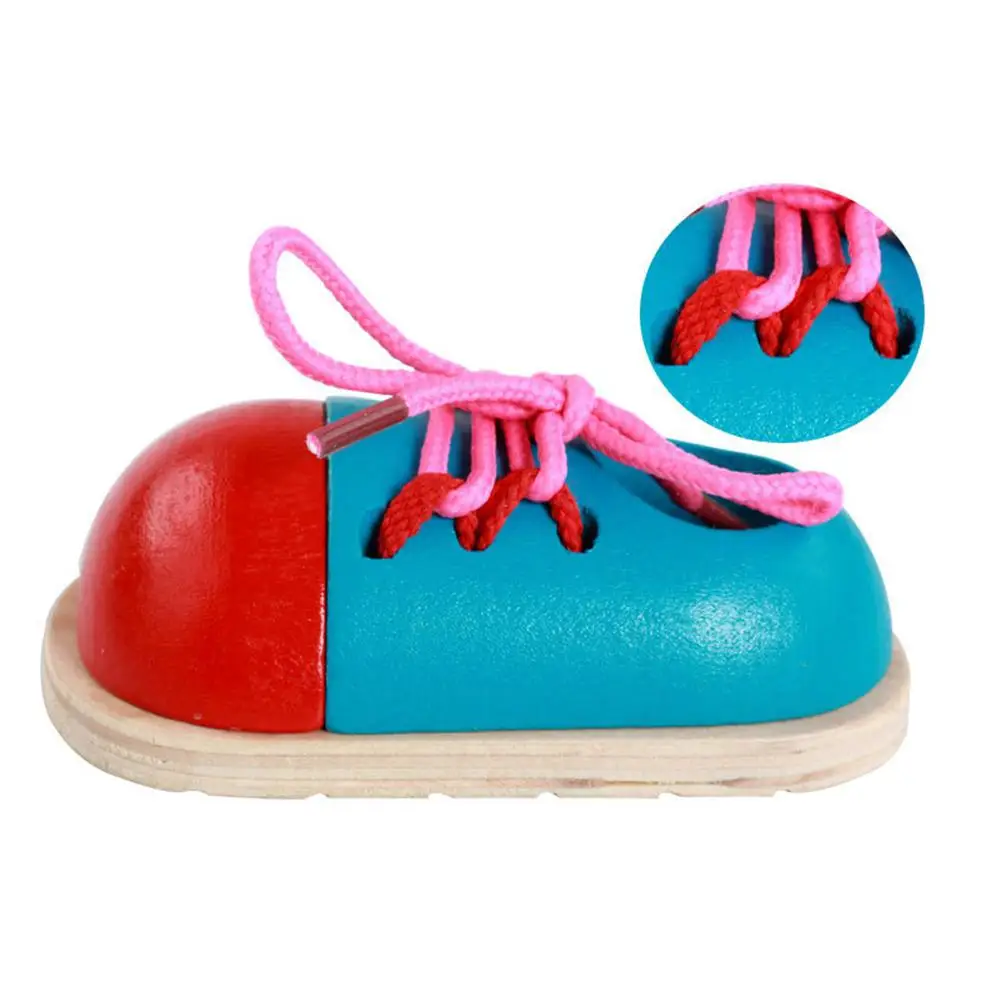 GloryStar 1PC Kids Toddler Small Wooden Lacing Shoe Educational Toy Teaching Aid 3