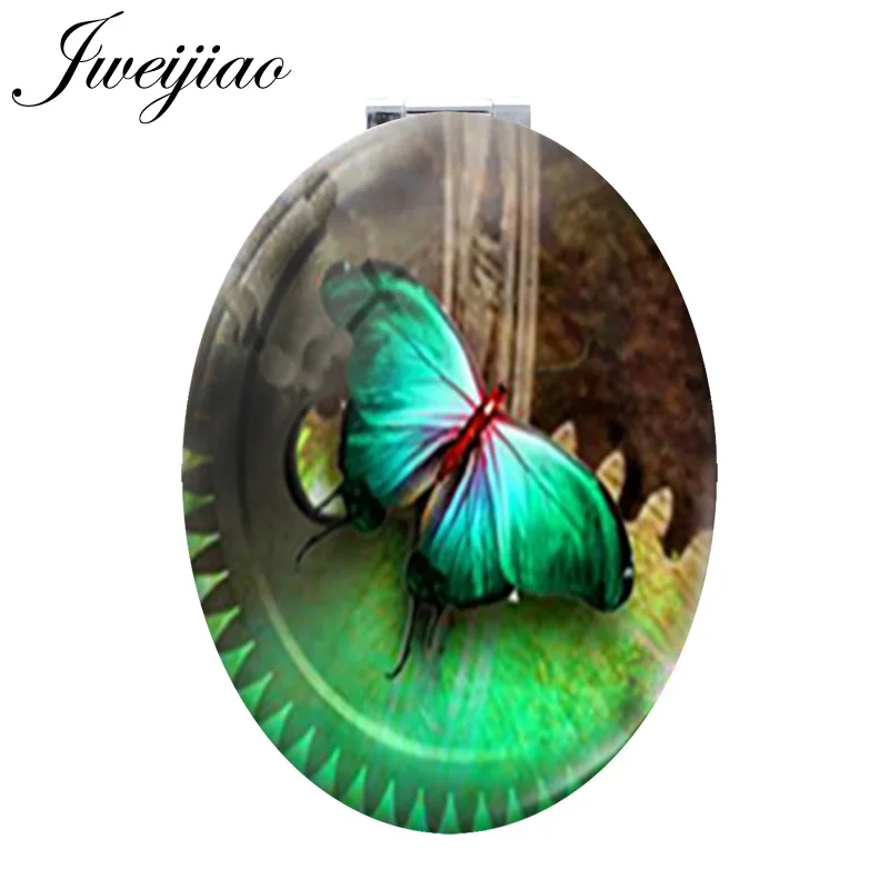 

JWEIJIAO green clock beautiful Butterfly PU leahter espejo de maquillaje spring Insect DIY photo Oval Hand Mirror for boys JS101