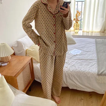 

polka dot couple pajamas set women lounge wear long sleeve top pants 2 piece set home clothes vintage loose sleepwear Y256