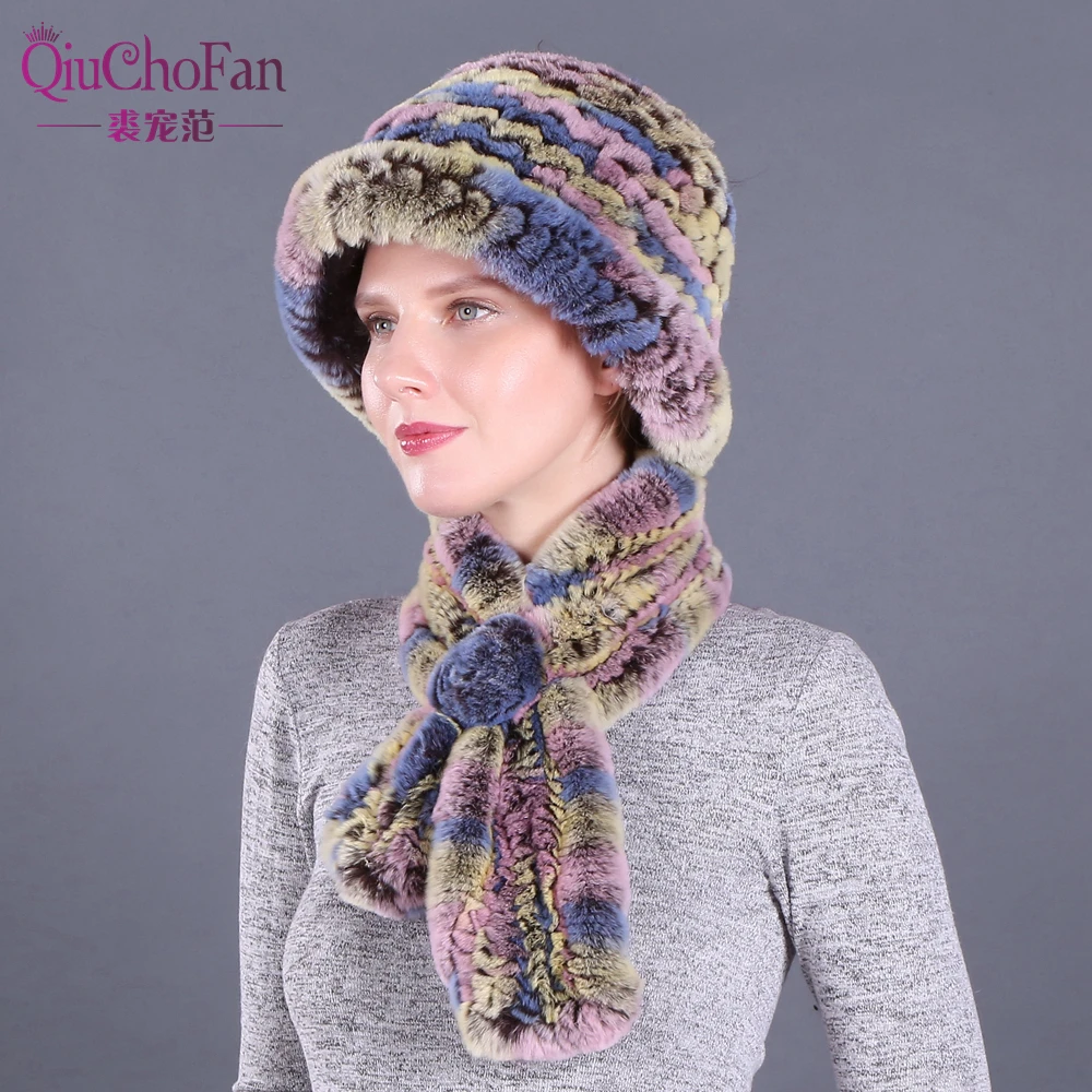 Зимние шапки из натурального меха кролика Рекс и набор шарфов вязаные женские