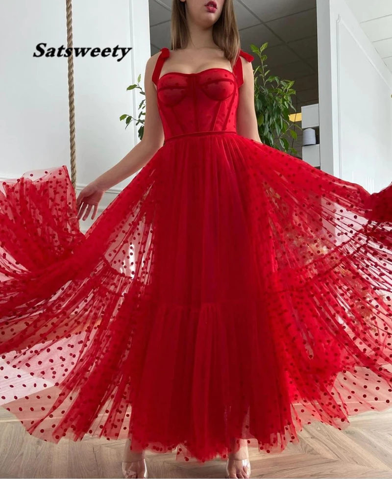 2021 Red Polka Dots Tulle A Line Evening Dress Spaghetti Straps Tied Bow Shoulder Tea Length Party Graduation Prom | Свадьбы и
