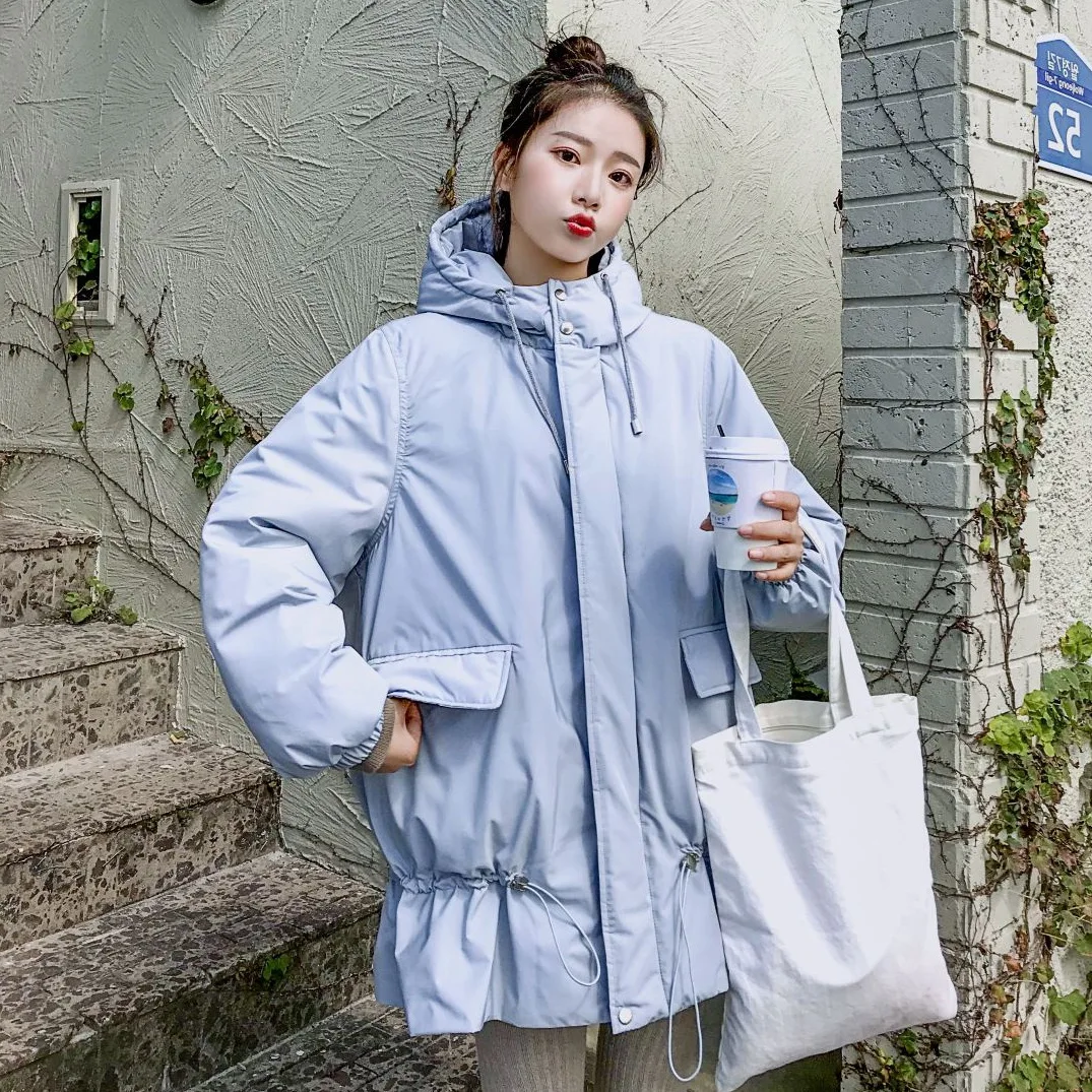 

Photo Shoot CHIC Sweet Light Gray Blue Hooded Short-height Drawstring Flounced down Coat Korean-style Loose-Fit Cotton-padded Cl